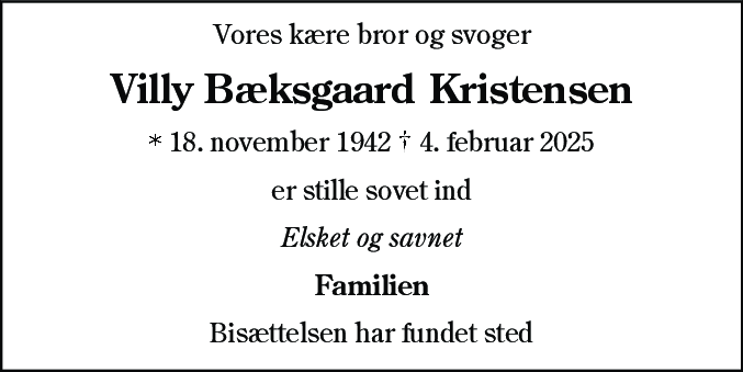Dødsannonce for Villy Bæksgaard Kristensen