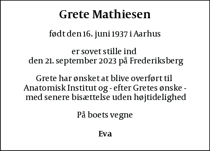 Dødsannonce for Grete Mathiesen