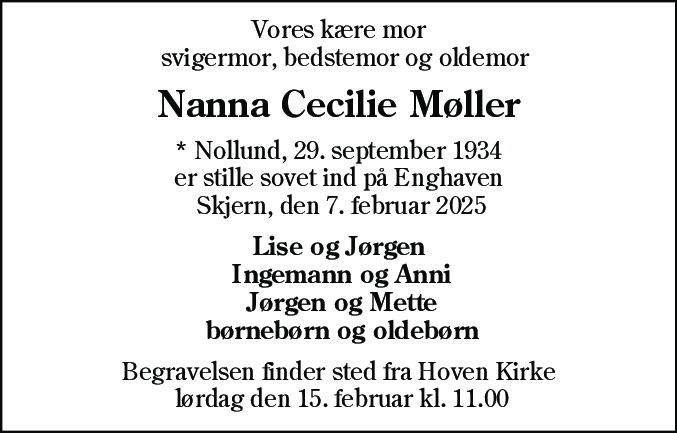 Dødsannonce for Nanna Cecilie Møller