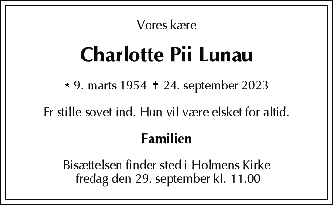 Dødsannonce for Charlotte Pii Lunau