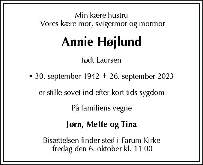 Dødsannonce for Annie Højlund