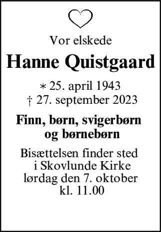 Dødsannonce for Hanne Merete Quistgaard