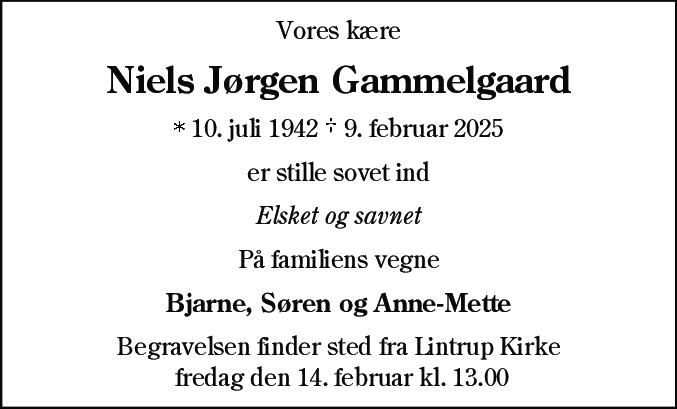 Dødsannonce for Niels Jørgen Gammelgård