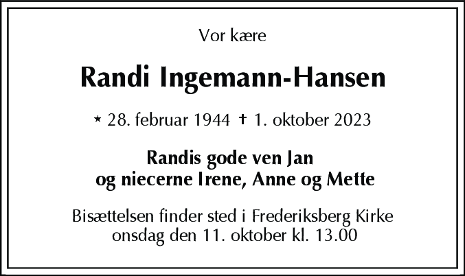 Dødsannonce for Randi Ingemann-Hansen
