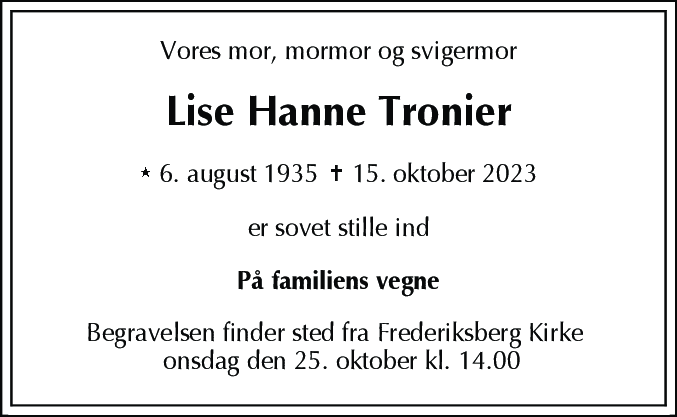 Dødsannonce for Lise Hanne Tronier