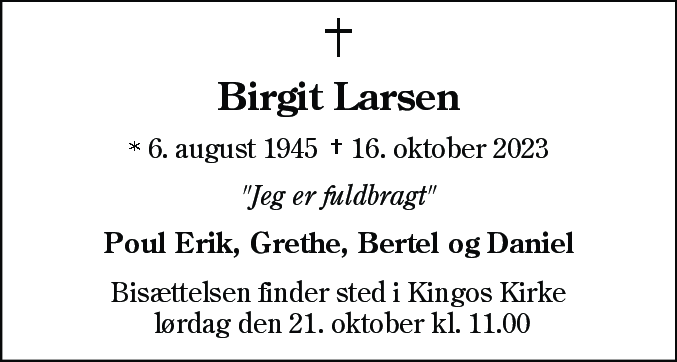 Dødsannonce for Karen Birgit Larsen