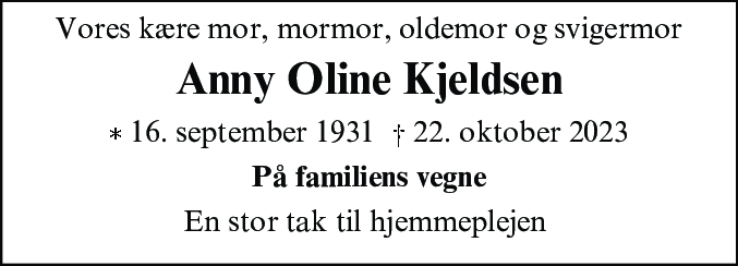 Dødsannonce for Anny Oline Kjeldsen