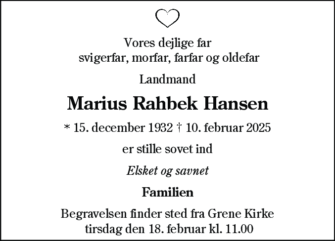Dødsannonce for Marius Rahbek Hansen