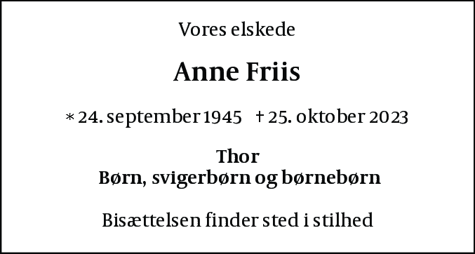 Dødsannonce for Anne Friis