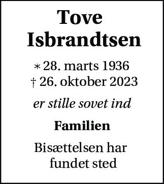 Dødsannonce for Tove Isbrandtsen