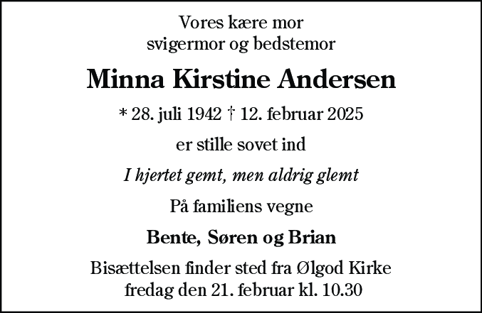 Dødsannonce for Minna Kirstine Andersen