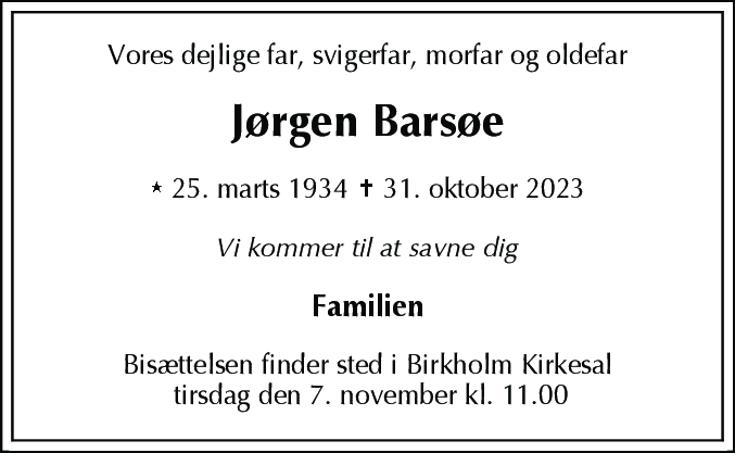 Dødsannonce for Jørgen Barsøe