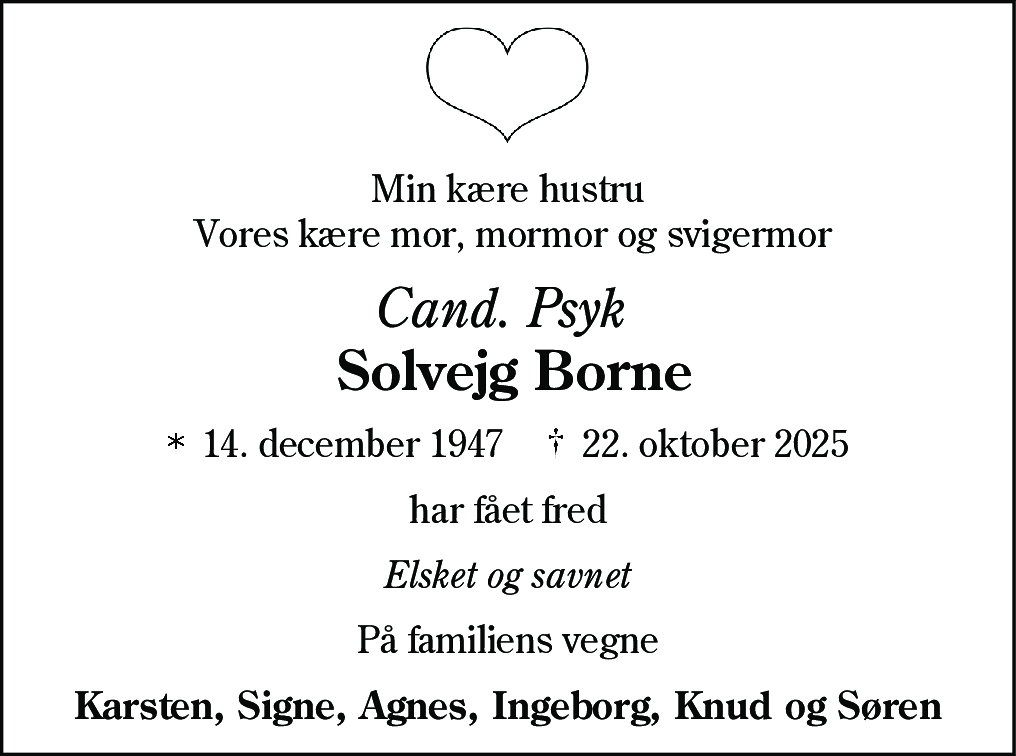 Dødsannonce for Solvejg Borne