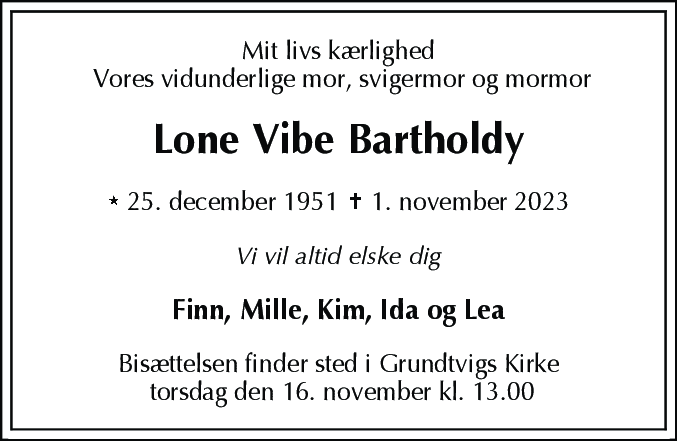 Dødsannonce for Lone Vibe Bartholdy