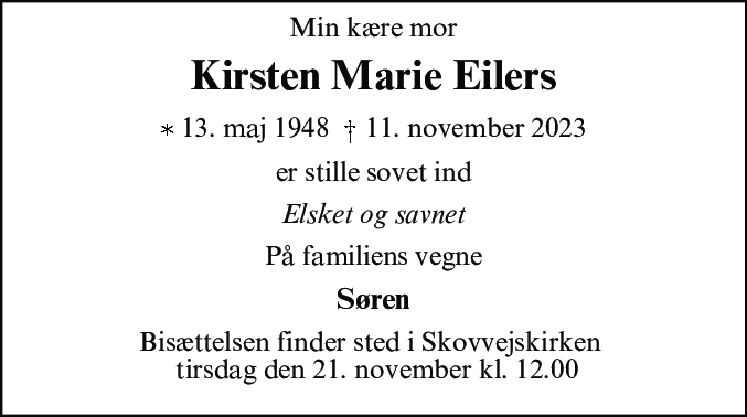 Dødsannonce for Kirsten Marie Eilers