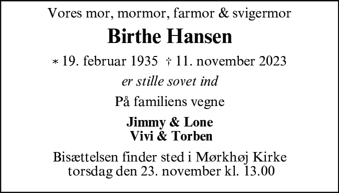 Dødsannonce for Birthe Hansen