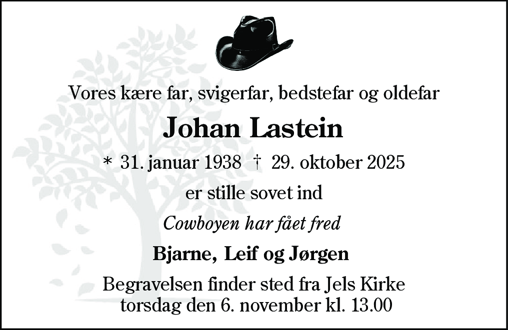 Dødsannonce for Johan Lastein
