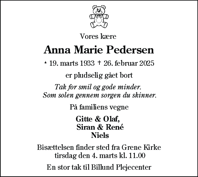 Dødsannonce for Anna Marie Pedersen