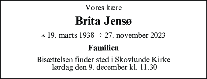Dødsannonce for Brita Laura Marie Jensø