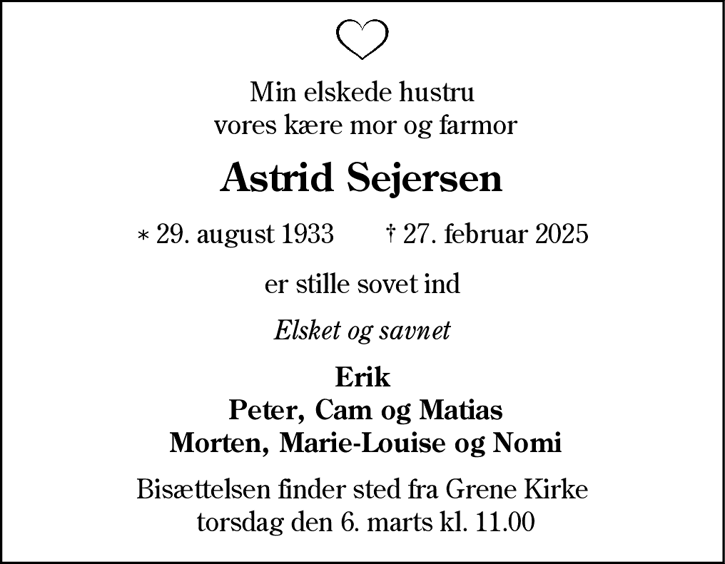 Dødsannonce for Astrid Sejersen