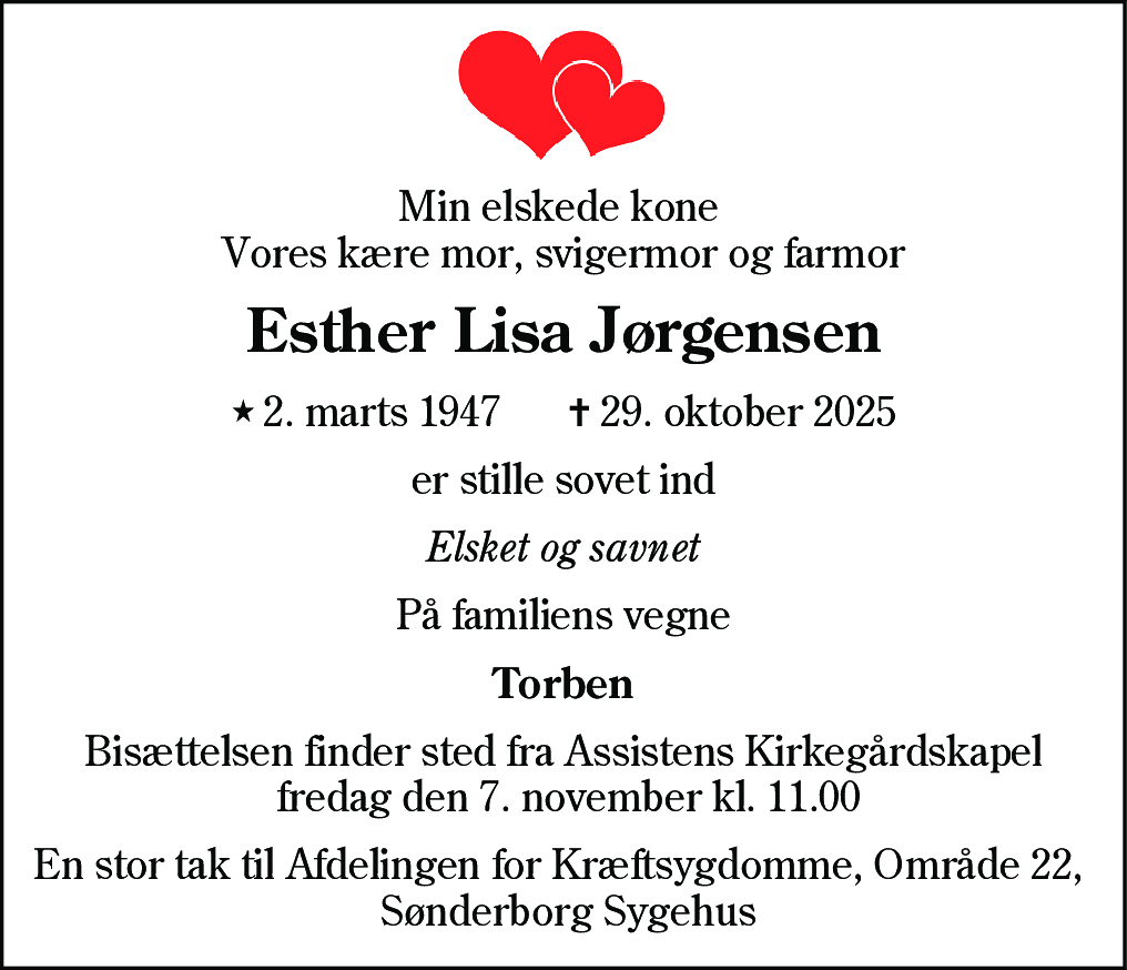 Dødsannonce for Esther Lisa Jørgensen