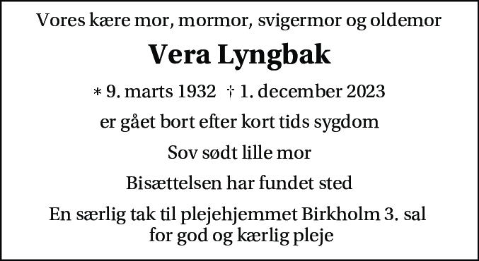 Dødsannonce for Vera Lyngbak