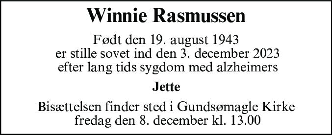 Dødsannonce for Winnie Rasmussen