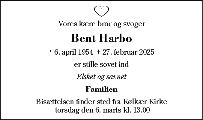 Dødsannonce for Bent Harbo