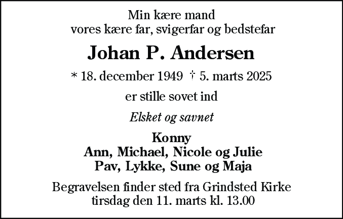 Dødsannonce for Johan Peder Andersen
