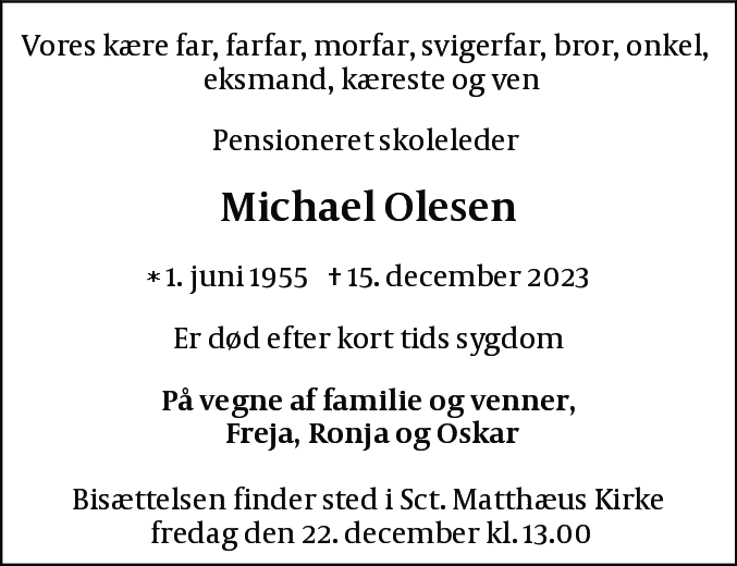 Dødsannonce for Michael Olesen