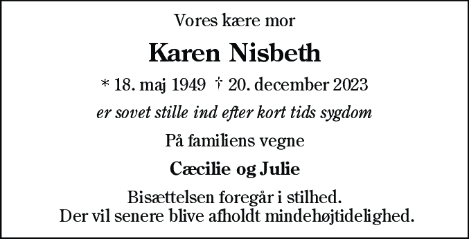 Dødsannonce for Karen Nisbeth