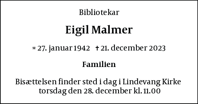 Dødsannonce for Eigil Malmer