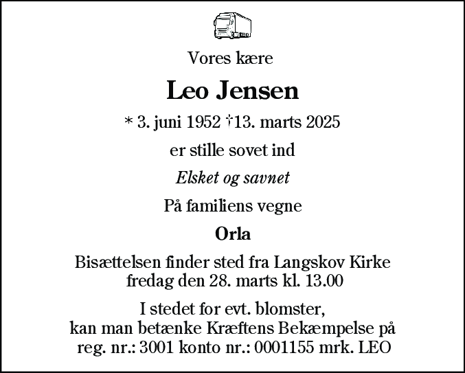 Dødsannonce for Leo Jensen