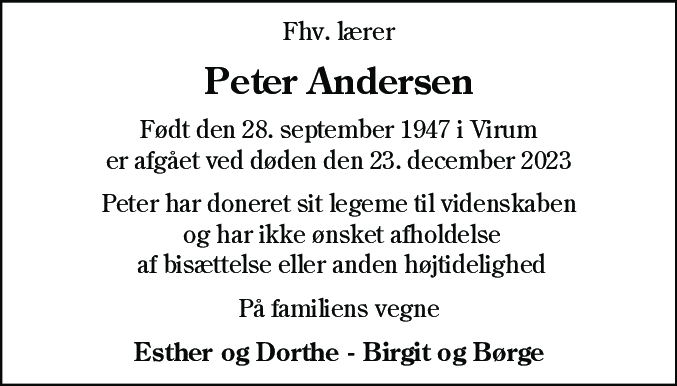 Dødsannonce for Peter Andersen
