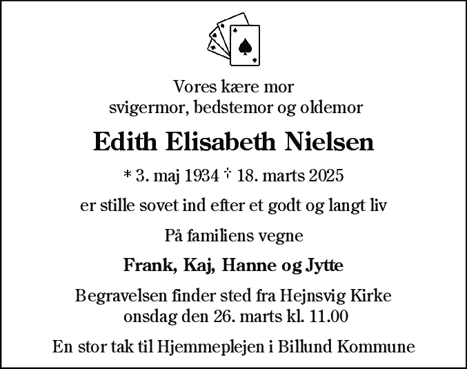 Dødsannonce for Edith Elisabeth Nielsen