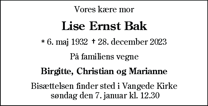 Dødsannonce for Lise Ernst Bak