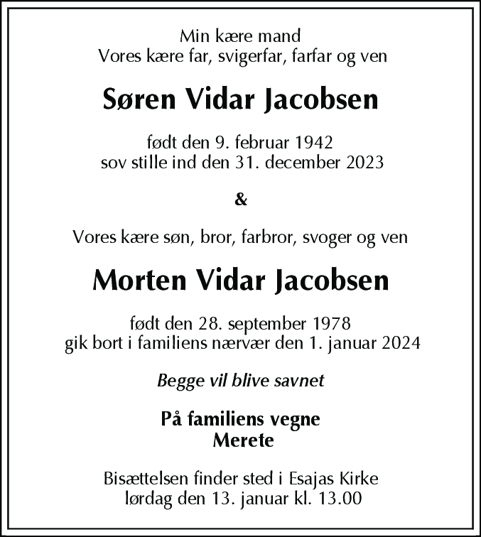 Dødsannonce for Søren Vidar Jacobsen