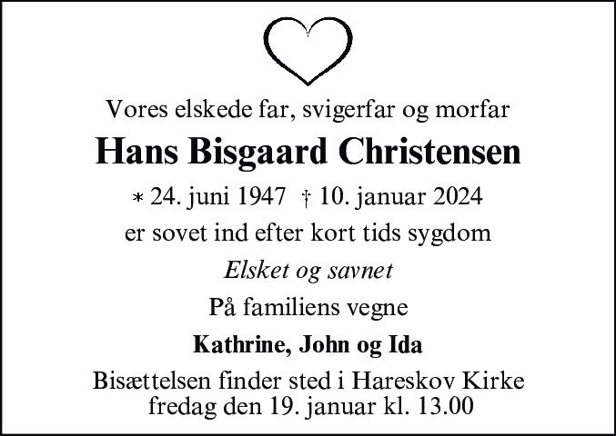 Dødsannonce for Hans Bisgaard Christensen