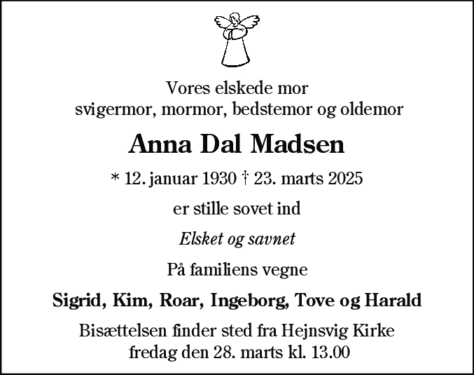 Dødsannonce for Anna Dal Madsen