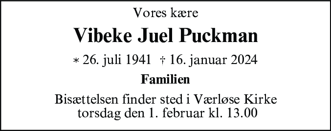 Dødsannonce for Vibeke Juel Puckman
