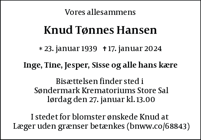 Dødsannonce for Knud Tønnes Hansen