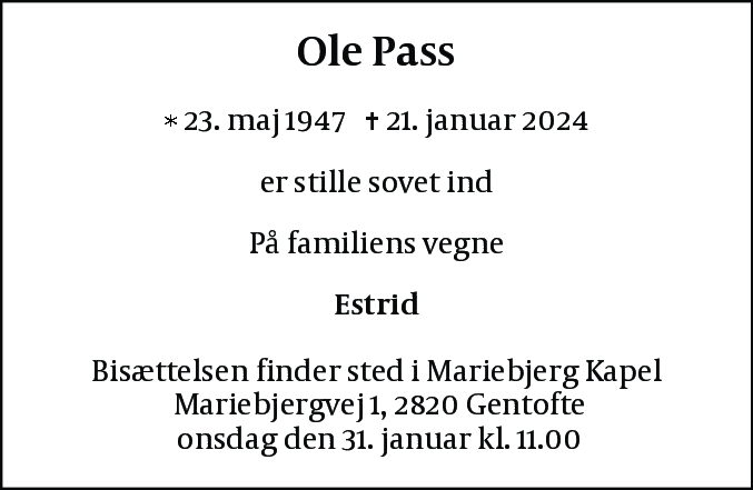 Dødsannonce for Ole Pass