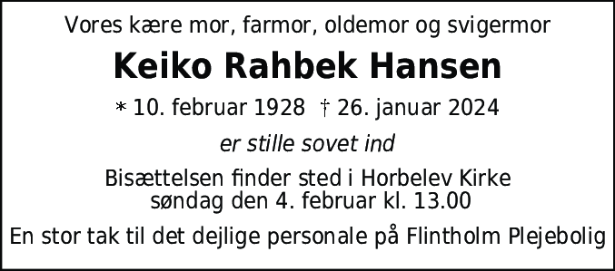 Dødsannonce for Keiko Hansen