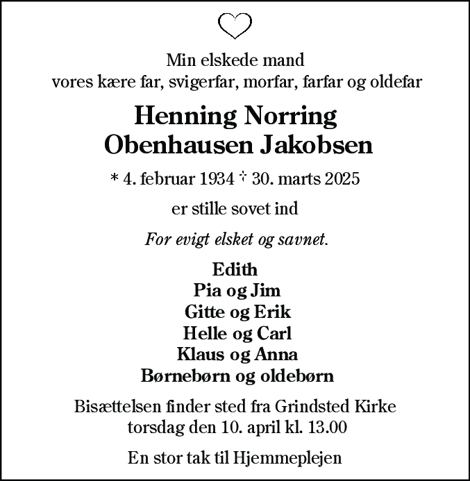 Dødsannonce for Henning Norring Obenhausen Jakobsen