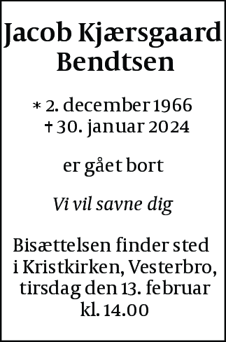 Dødsannonce for Jacob Kjærsgaard Bendtsen