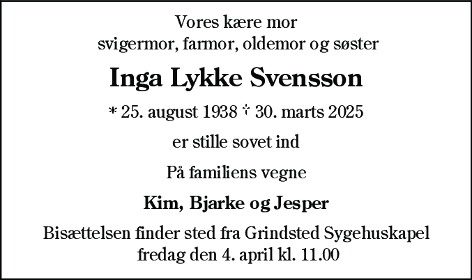 Dødsannonce for Inga Lykke Svensson