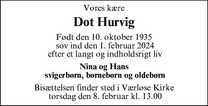 Dødsannonce for Dot Hurvig