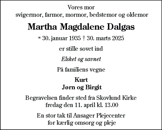 Dødsannonce for Martha Magdalene Dalgas