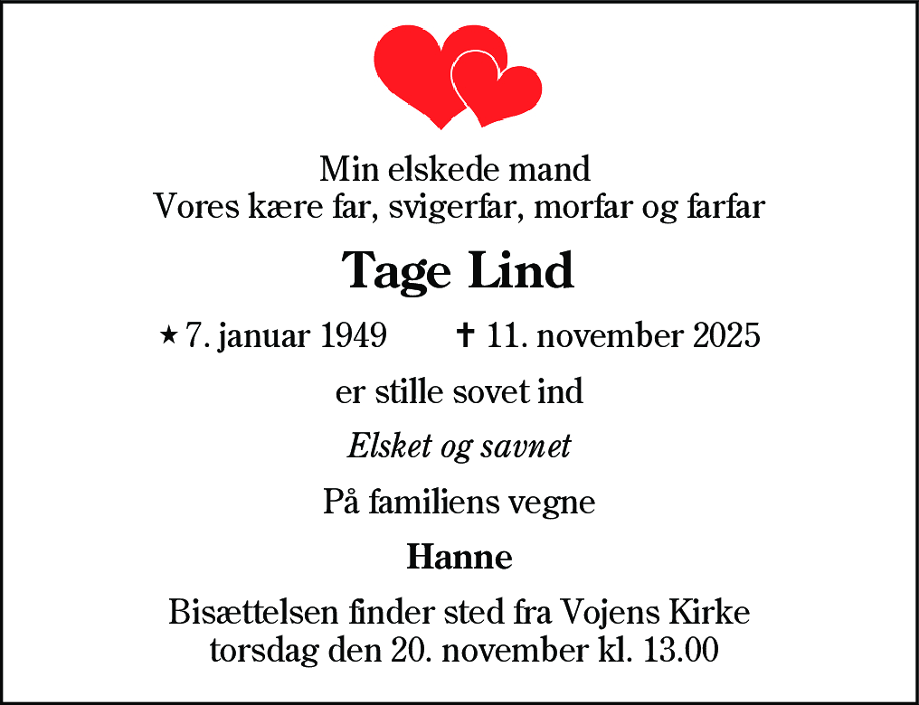 Dødsannonce for Tage Lind