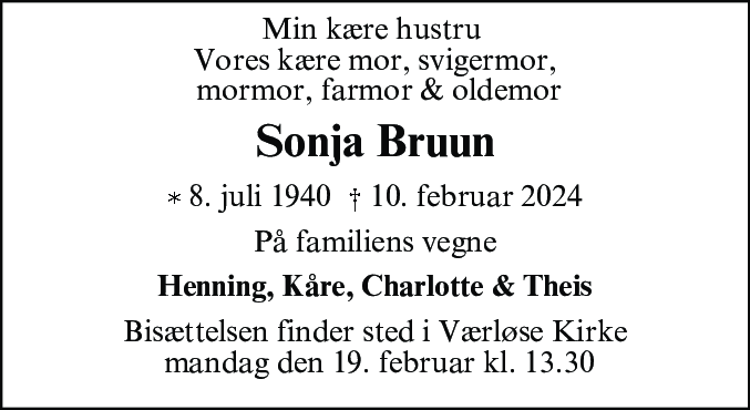 Dødsannonce for Sonja Bruun